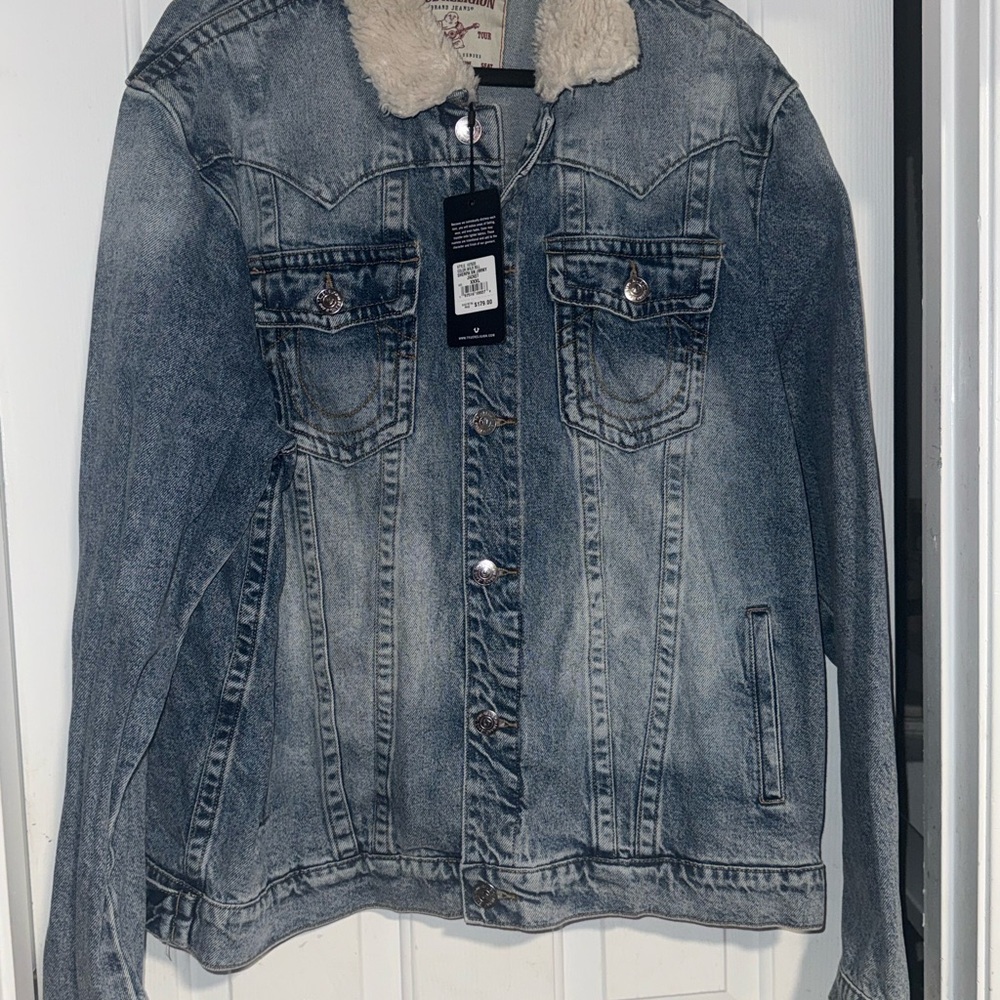 True Religion Blue Denim Jacket with Cream Collar